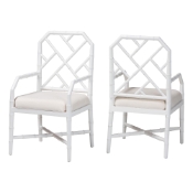bali & pari Sergio Wood 2-Piece Dining Chair Set - Chippendale Side Chair with Bamboo Motif and Upholstered Seat Cushion, White